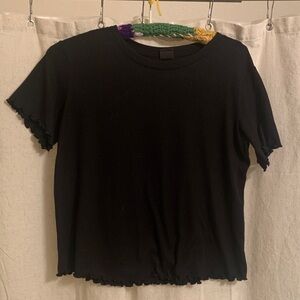 Free Press Black Short Sleeve Tee with Scalloped Hem